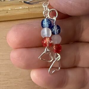 Chic Silver Heart Earrings with Red and Blue Beads